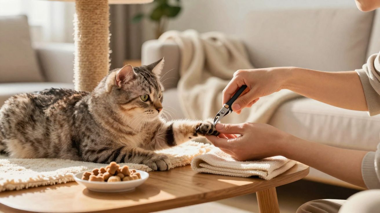 Gato cinza tendo as unhas cortadas por uma pessoa em uma sala de estar aconchegante.