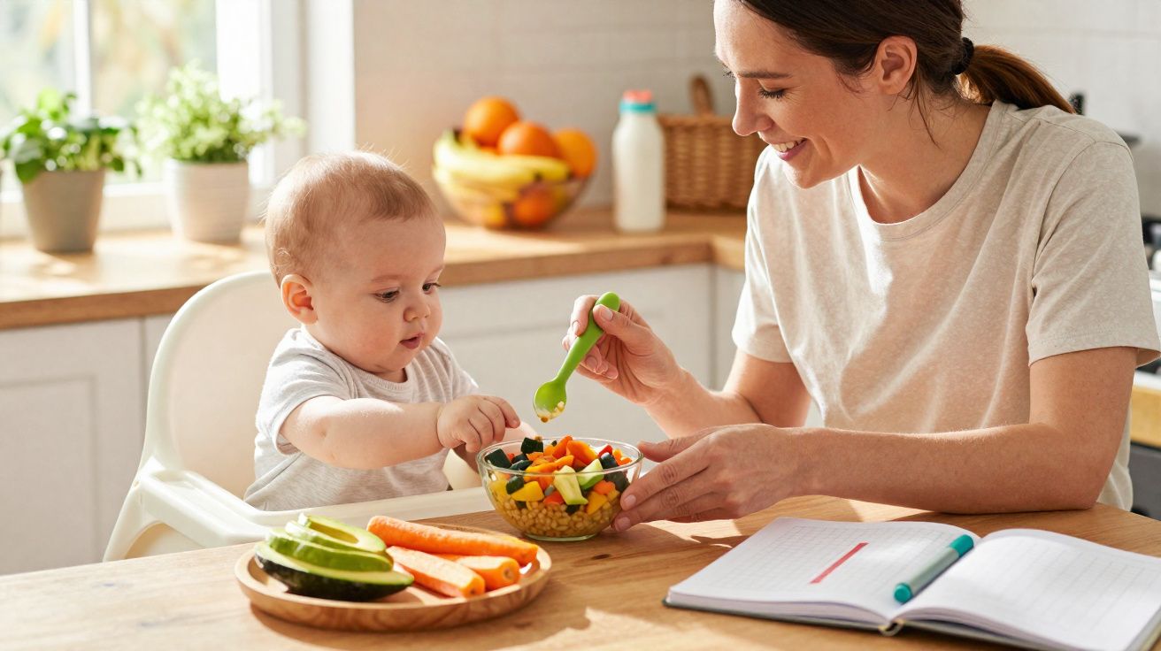 Bebê em cadeira alta experimenta comida saudável com ajuda da mãe sorridente em cozinha iluminada.