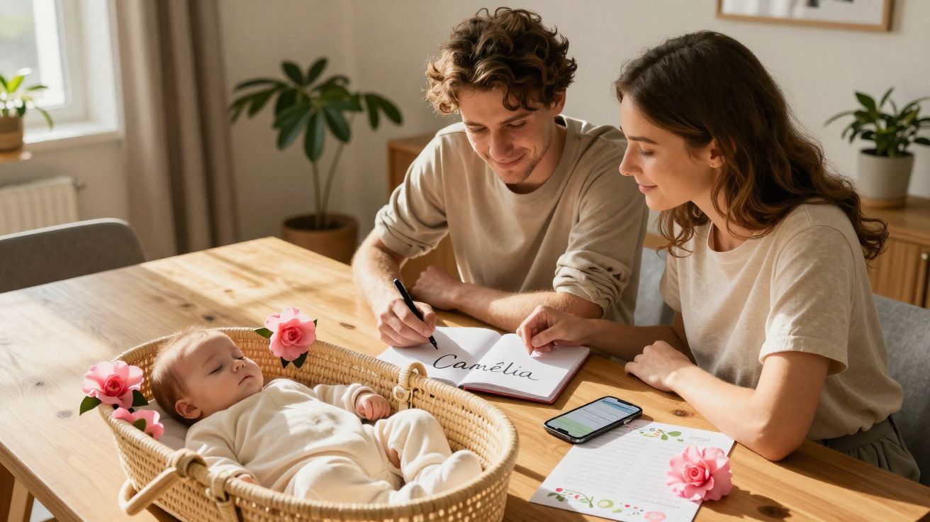 Casal escrevendo nome Camélia em caderno enquanto bebê dorme em cesta com flores rosa na mesa.