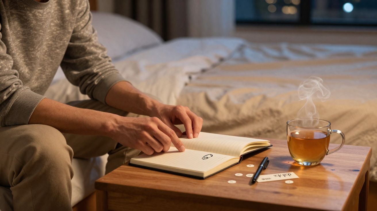 Pessoa sentada lendo um livro aberto sobre mesa de madeira com chá quente e botões espalhados à noite.