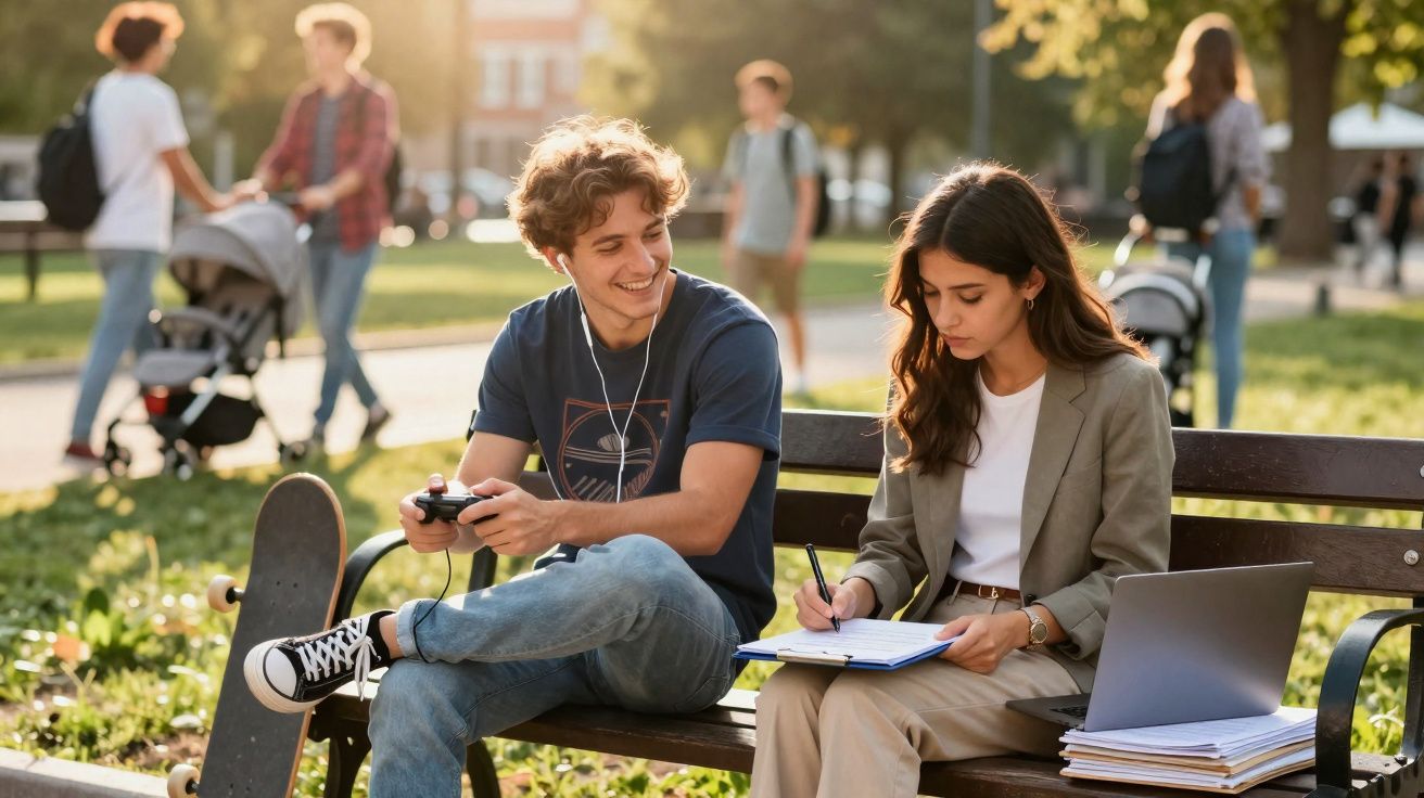 Jovens sentados em banco de parque; um toca videogame e outro estuda com caderno e laptop aberto.