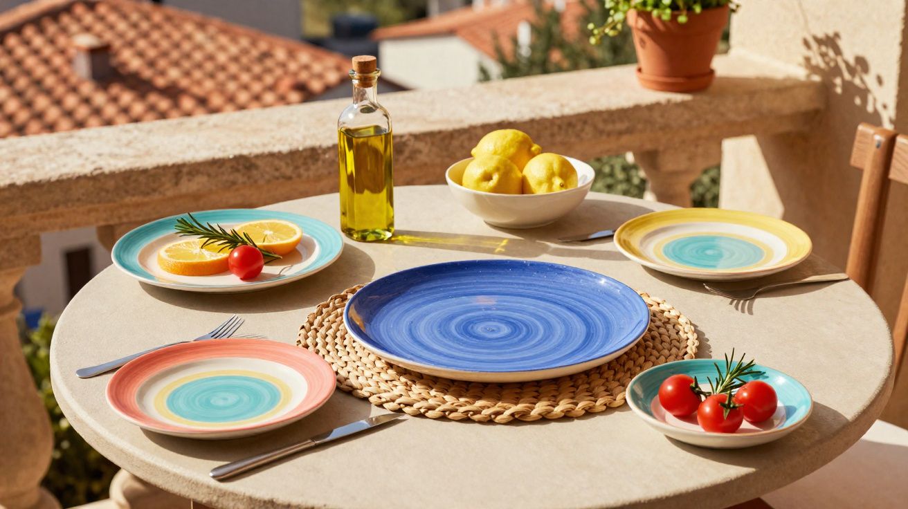 Mesa redonda com pratos coloridos, tigela de limões, azeite e tomates-cereja ao sol.