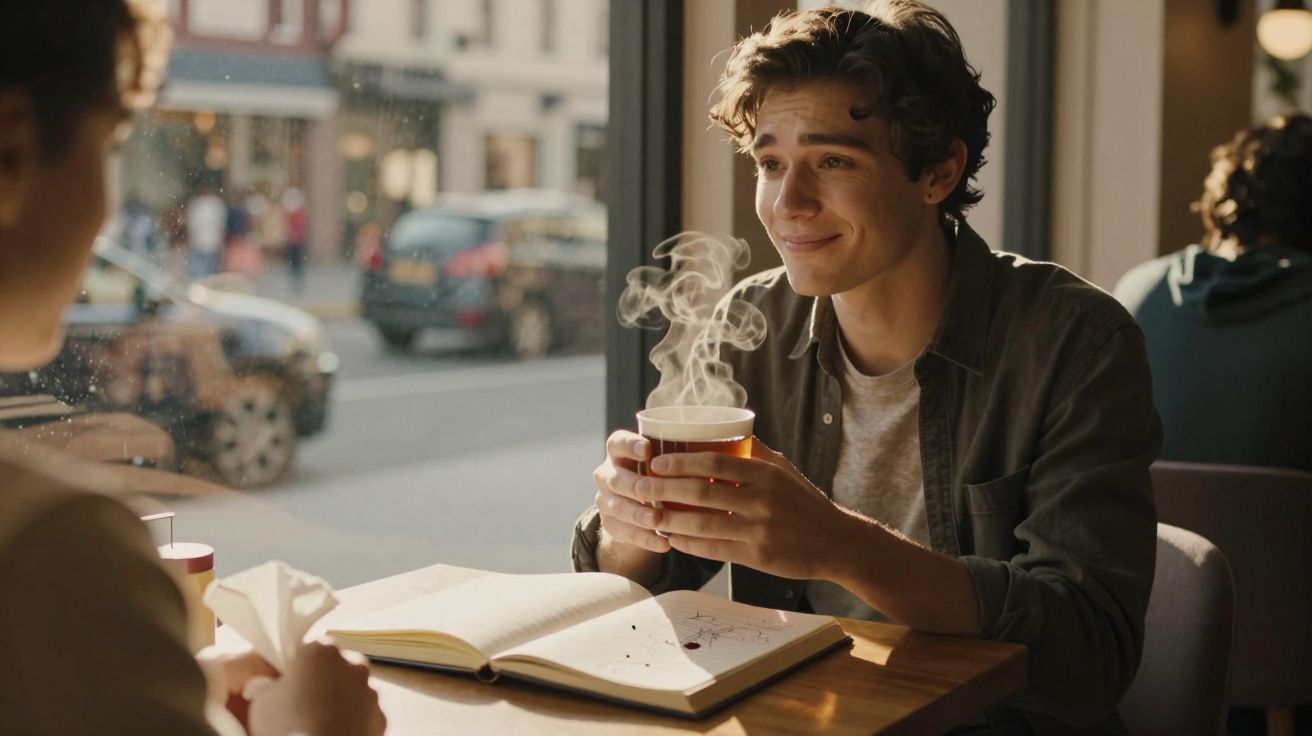 Jovem segurando xícara de chá quente enquanto conversa com outra pessoa em cafeteria iluminada pelo sol.