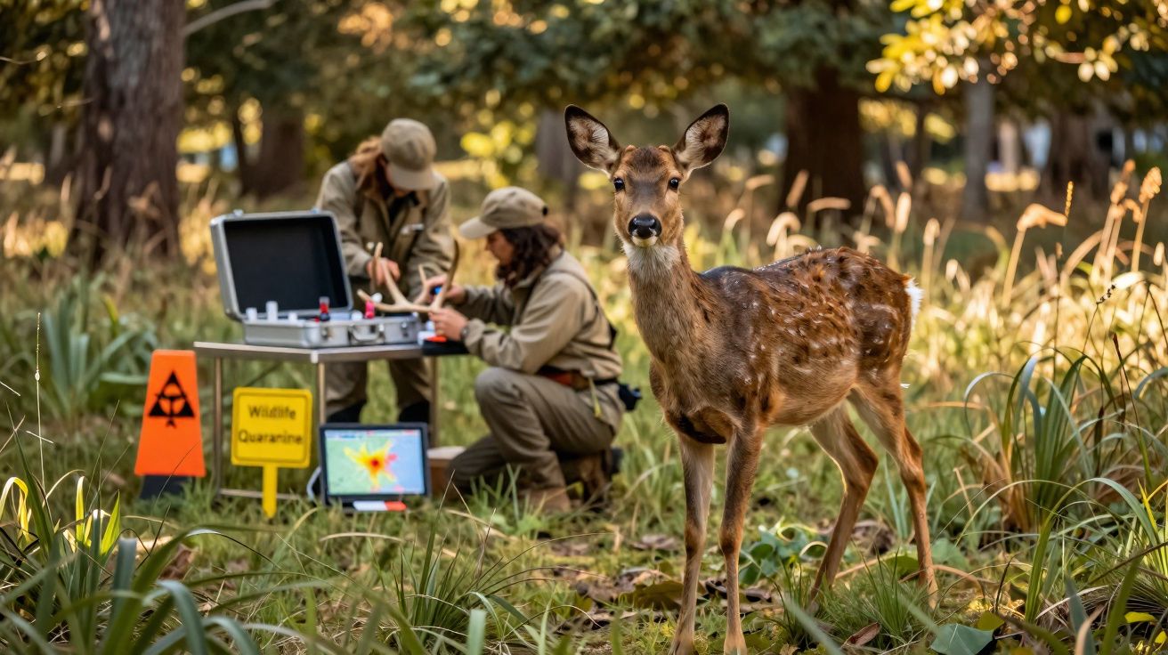 Cervo jovem na floresta com dois pesquisadores e equipamentos de quarentena de vida selvagem ao fundo.