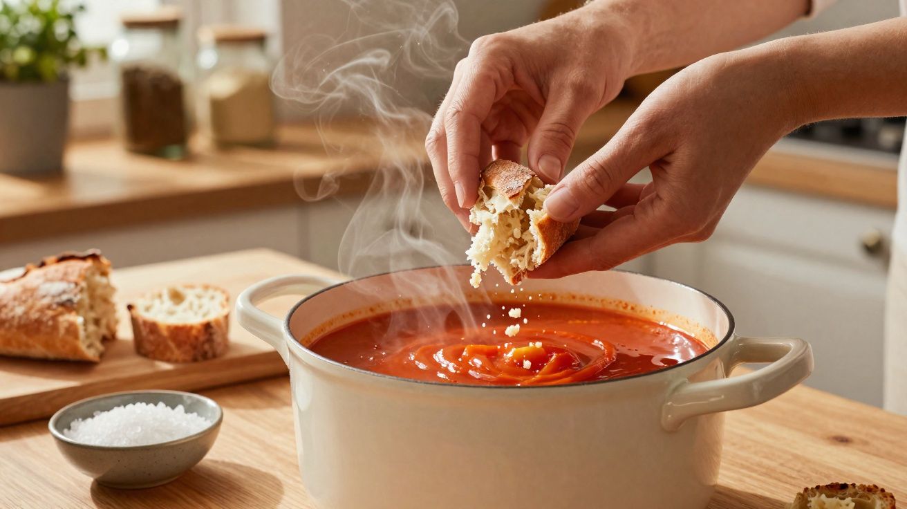 Pessoa segurando pedaço de pão para mergulhar em panela com sopa de tomate fumegante na cozinha.