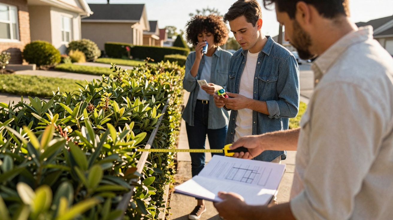 Três pessoas medindo a cerca de um jardim em um bairro residencial ensolarado.