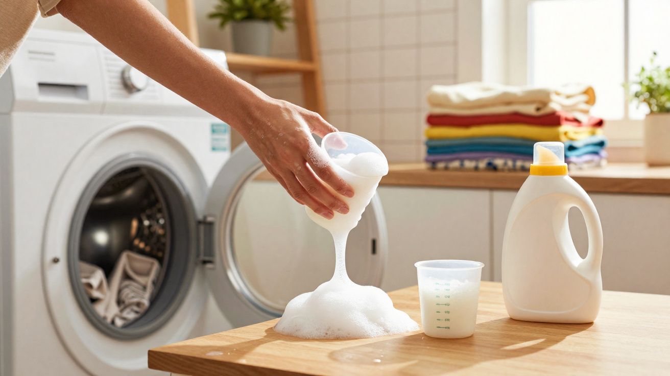 Pessoa derramando sabão líquido em copo na mesa ao lado de máquina de lavar roupas aberta com roupas dentro.