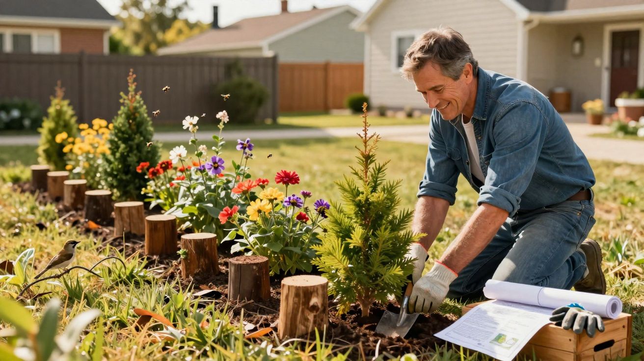 Homem plantando árvore em jardim com flores coloridas em área residencial ensolarada.