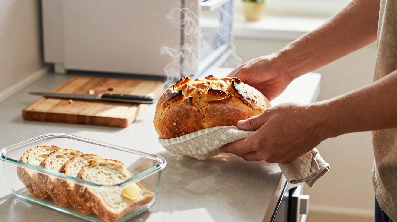 Pessoa segurando pão quente recém-assado com toalha na cozinha, com fatias de pão e faca ao fundo.