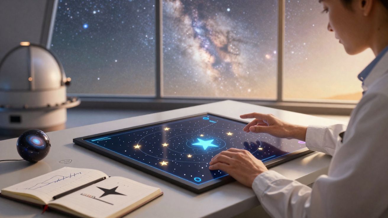 Pessoa interage com tablet exibindo sistema solar, com céu estrelado e Via Láctea ao fundo.