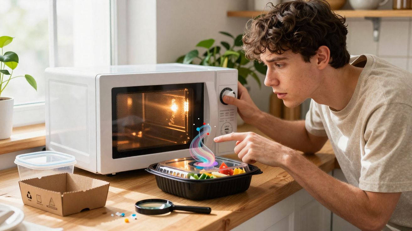 Jovem ajustando tempo no micro-ondas antes de aquecer comida em recipiente plástico na cozinha.
