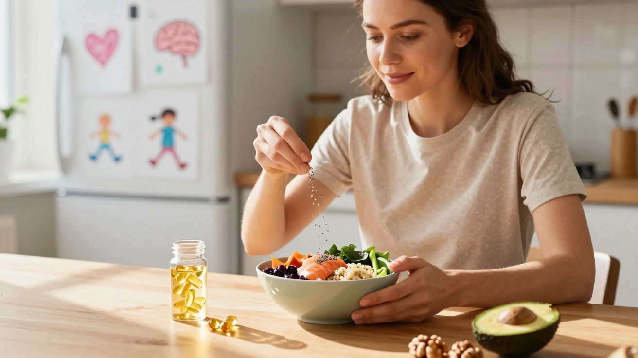 Mulher temperando salada saudável com abacate e cápsulas de suplemento ao lado na mesa.