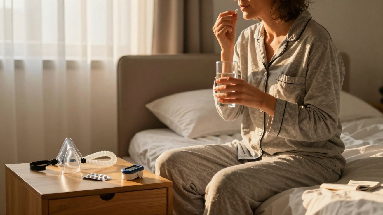 Mulher em pijama sentada na cama, segurando um copo de água e tomando remédio, ao lado máscara e oxímetro na mesa.