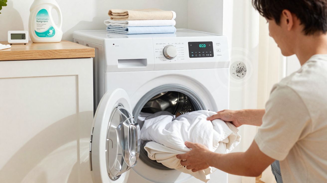 Pessoa colocando roupas brancas na máquina de lavar roupa branca em lavanderia iluminada.