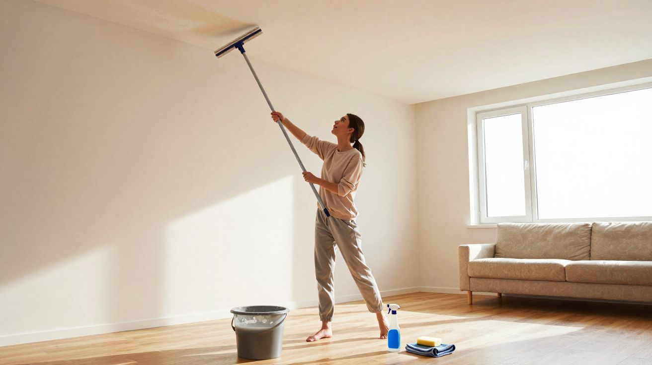Mulher limpando o teto de uma sala com esfregão, ao lado balde e produtos de limpeza.
