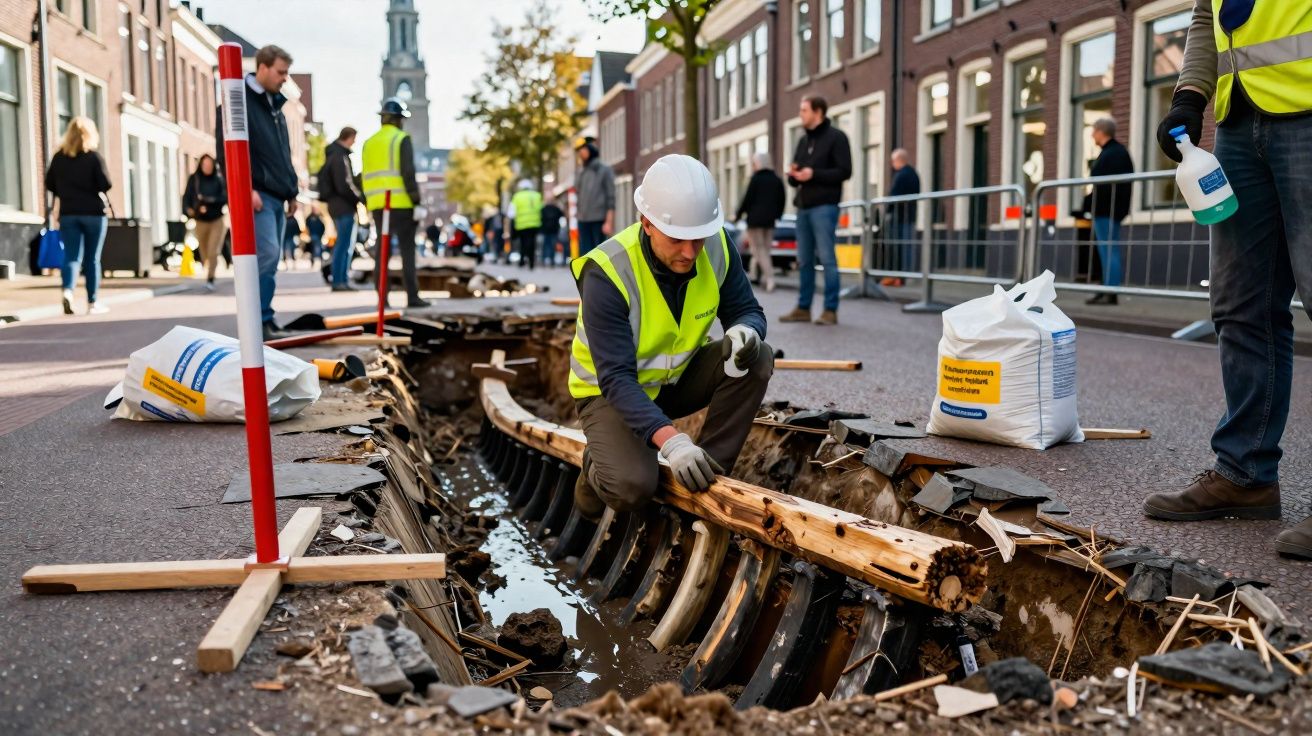 Homem com colete e capacete trabalha em escavação na rua enquanto pessoas caminham ao fundo em área urbana.