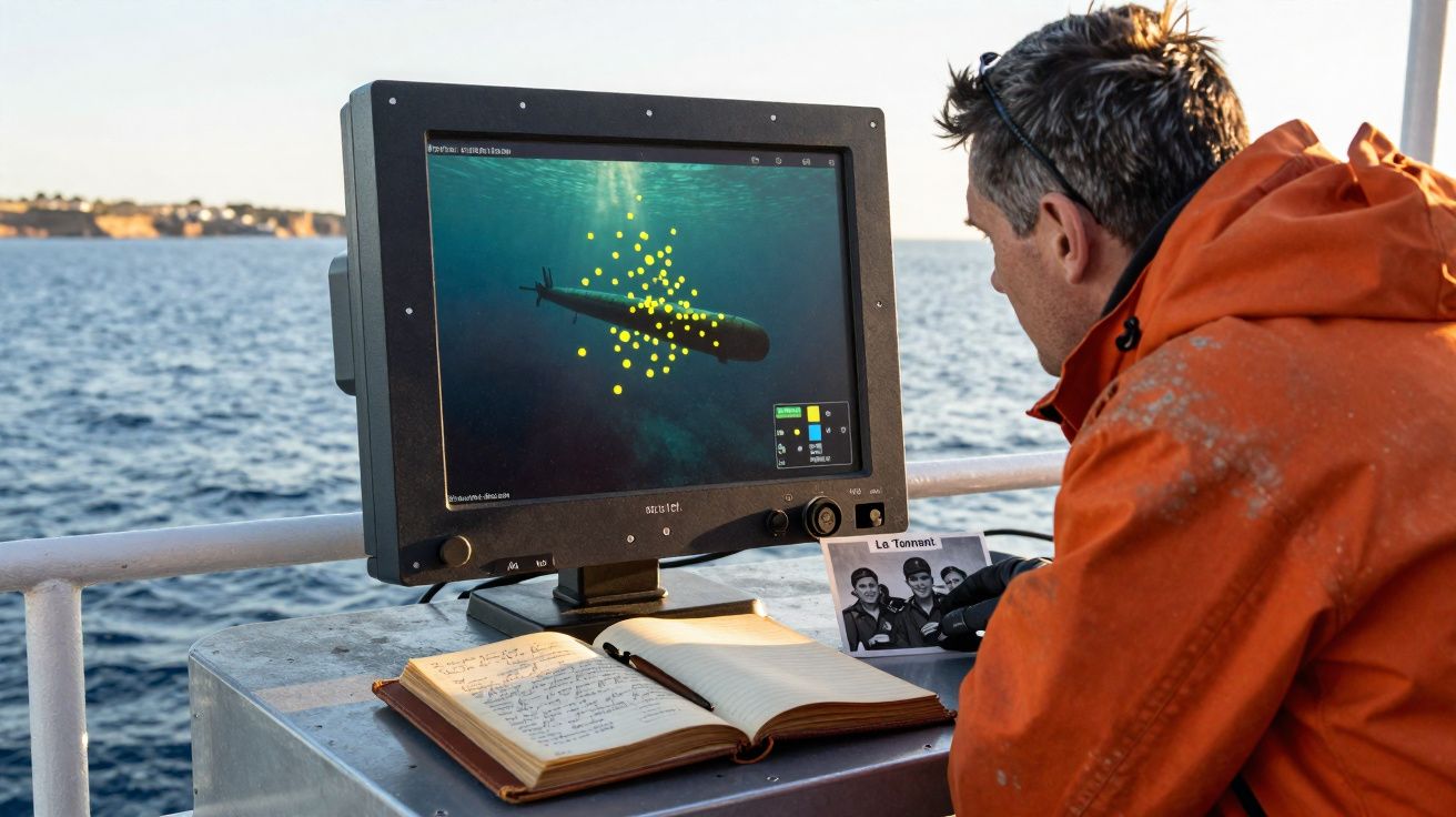 Homem em jaqueta laranja analisa tela com imagem de submarino e pontos amarelos no mar, com caderno aberto ao lado.