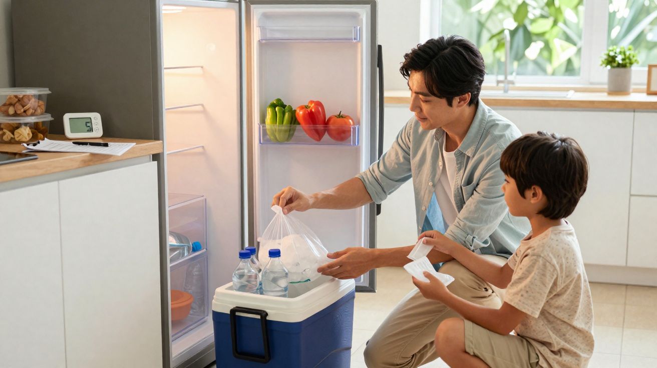 Homem e menino guardam gelo e água gelada em caixa térmica na cozinha.