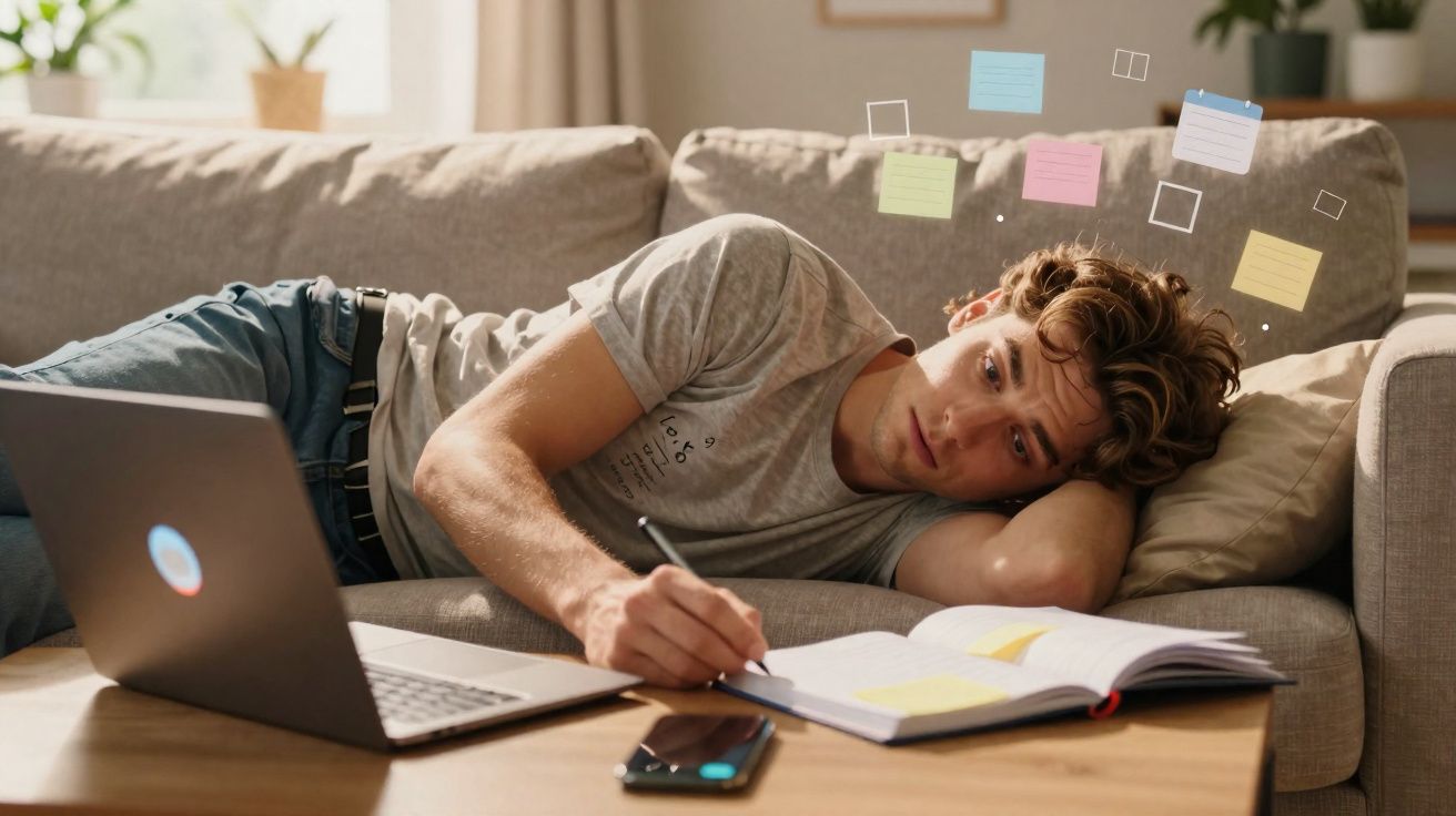Jovem deitado no sofá estudando com caderno, laptop e celular sobre mesa de madeira.
