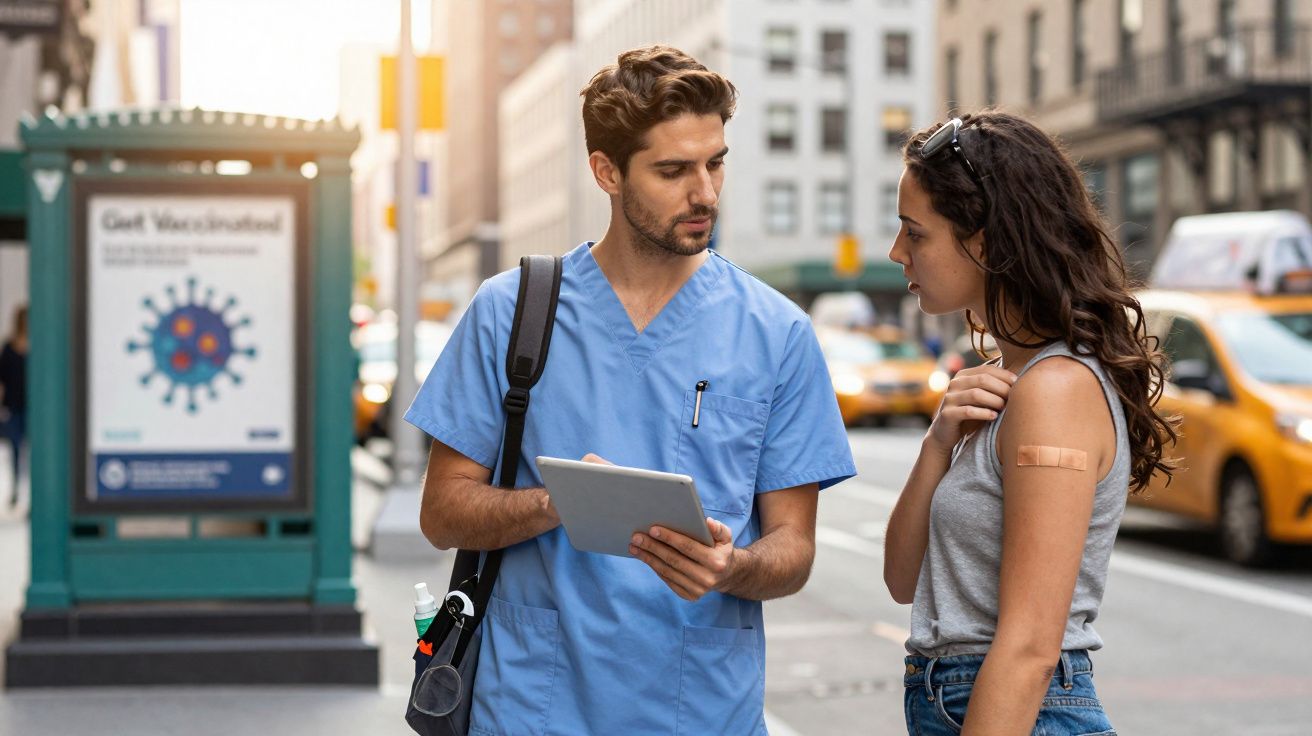 Homem vestido como profissional de saúde conversa com mulher que usa adesivo no braço, em rua movimentada da cidade.