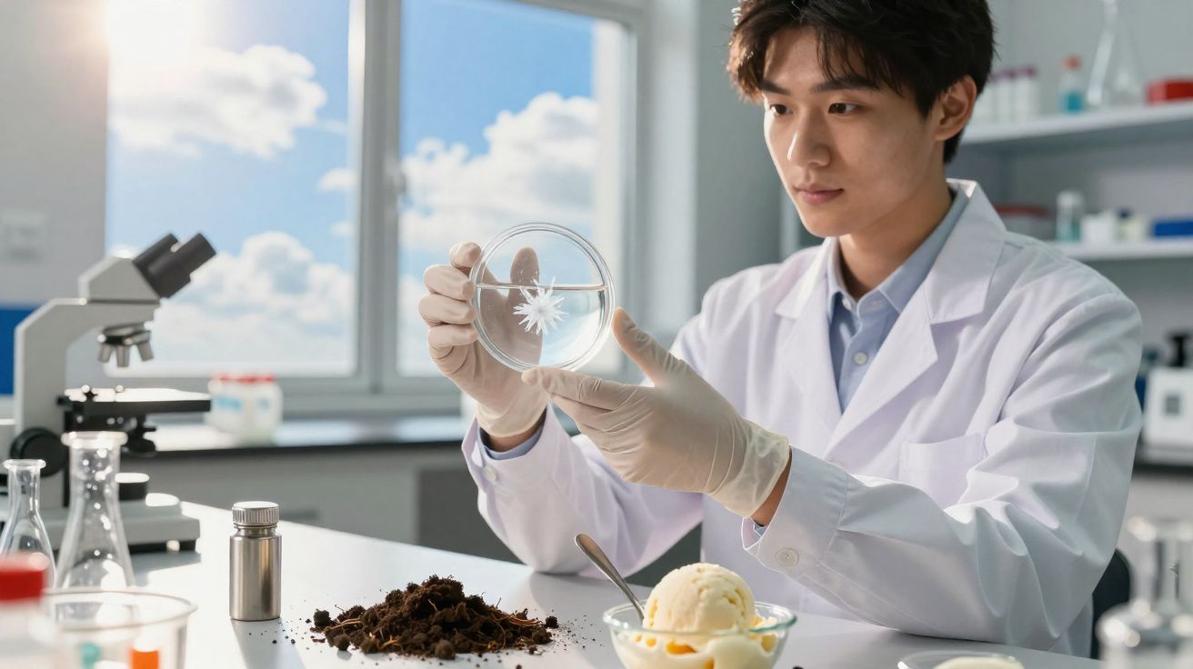 Cientista em laboratório segurando placa de petri com amostra, ao lado de terra e sorvete na bancada.