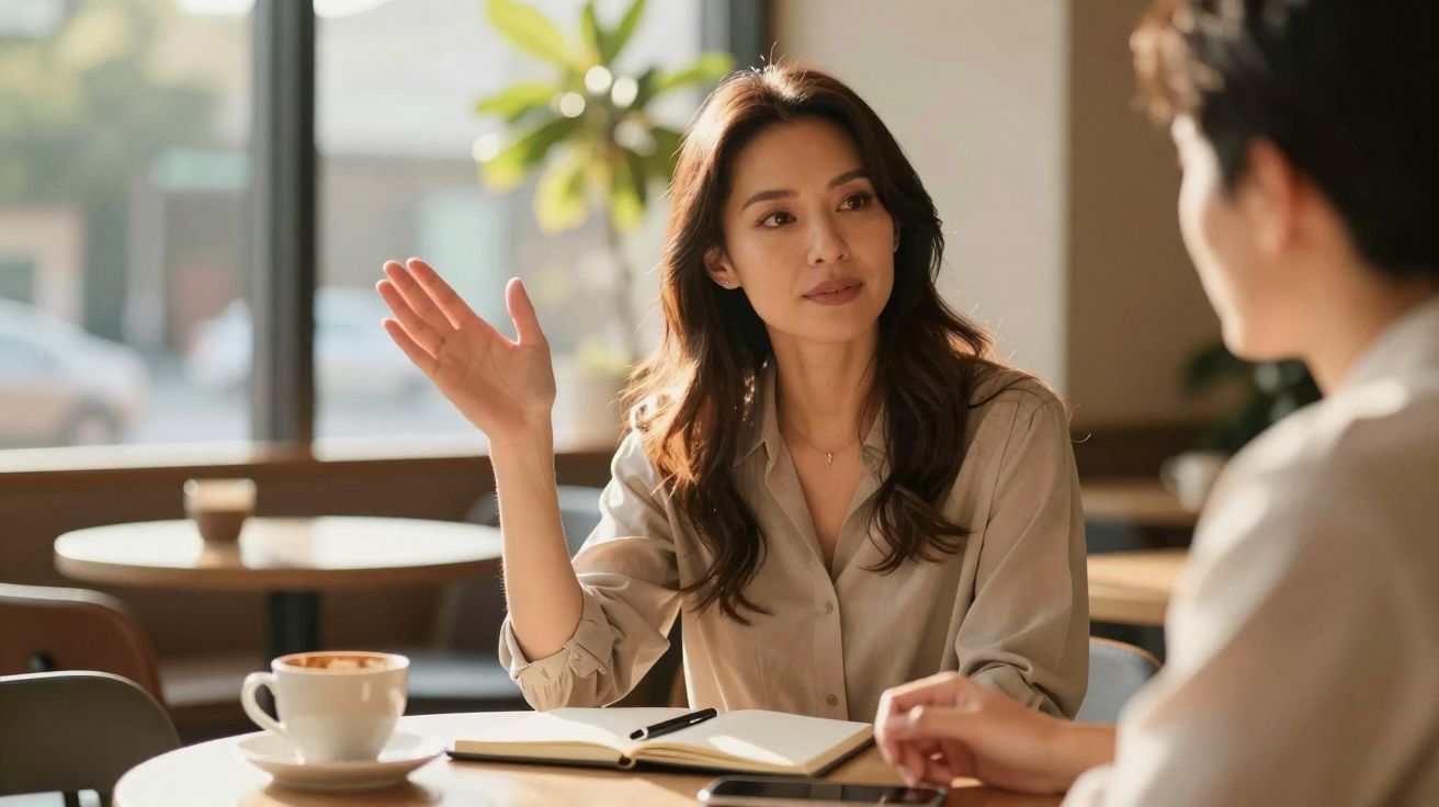 Mulher conversa animadamente com outra pessoa em cafeteria, com café e caderno na mesa.