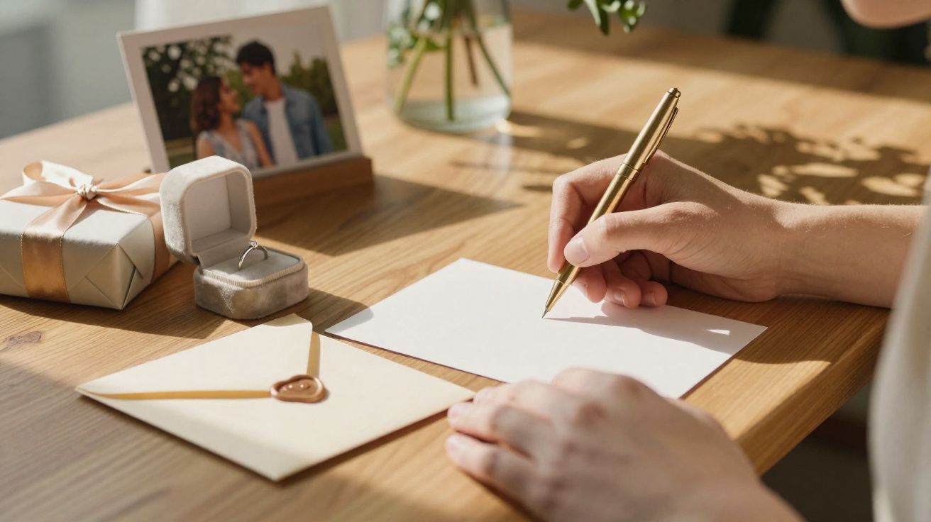 Pessoa escrevendo carta com caneta dourada em mesa com envelope, anel em caixa e foto de casal ao fundo.