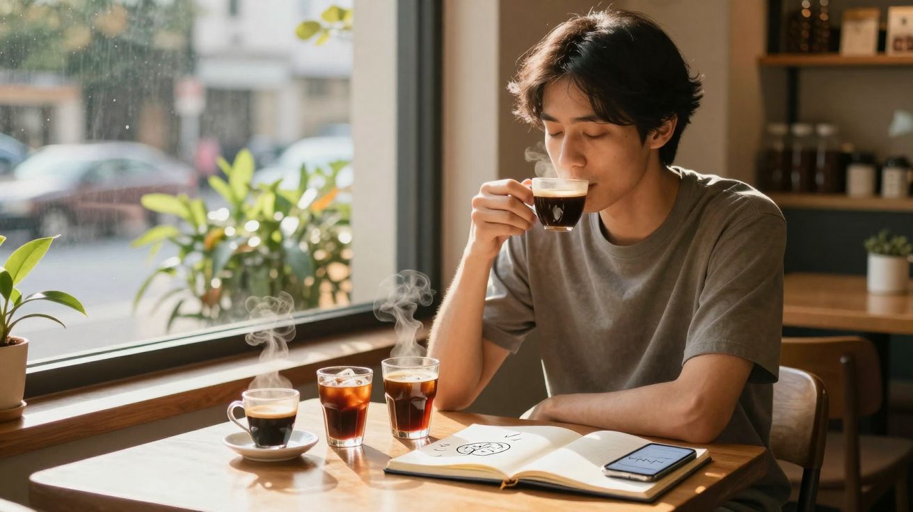 Jovem sentado em cafeteria, tomando café e lendo caderno aberto na mesa junto com celular e três cafés quentes.
