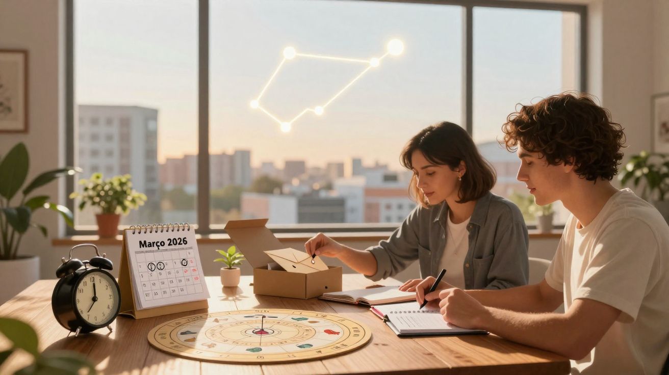 Casal jovem estudando mapa astral em mesa com calendário de março de 2026 e relógio analógico.