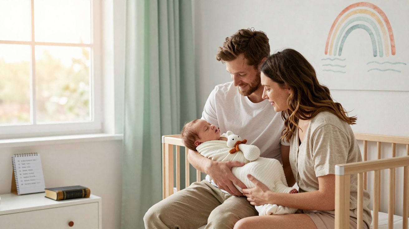 Casal sorridente segurando bebê enrolado em cobertor branco dentro de berço em quarto iluminado.