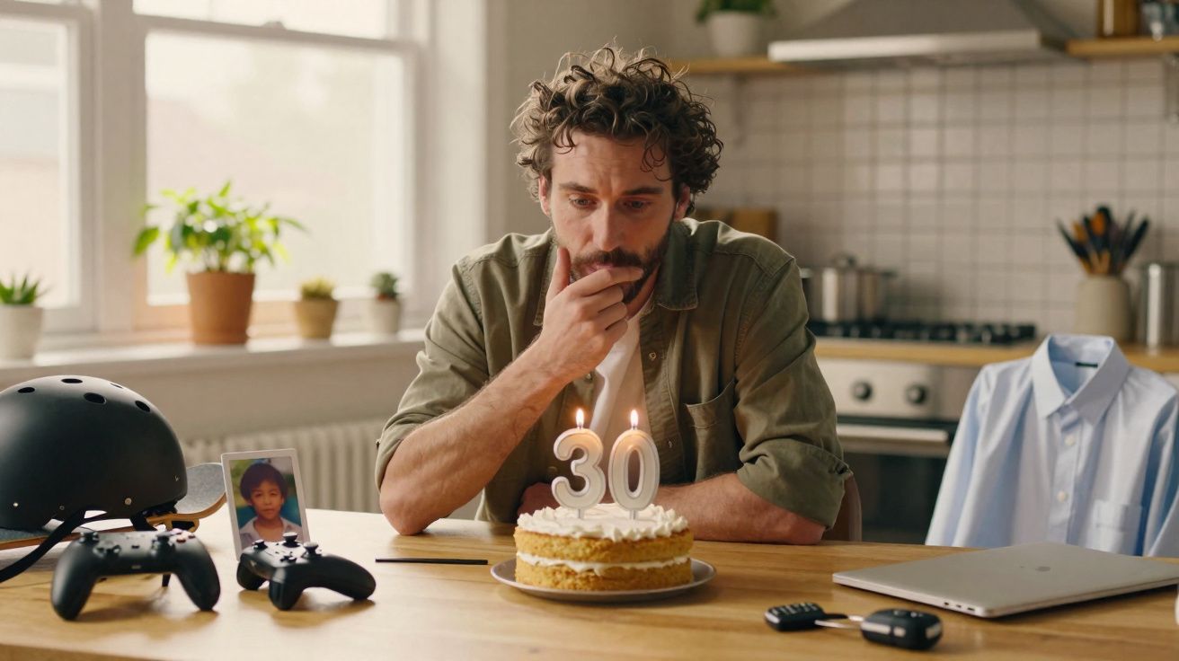 Homem pensativo em aniversário de 30 anos com bolo, vela acesa e itens pessoais na mesa da cozinha.