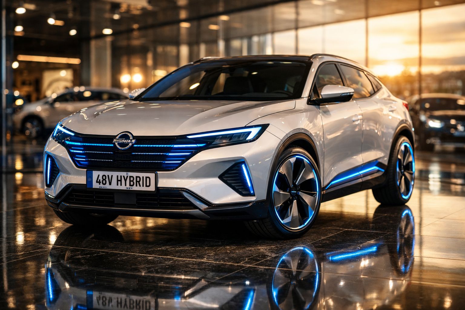 Carro elétrico branco com luzes azuis em showroom iluminado pelo pôr do sol.