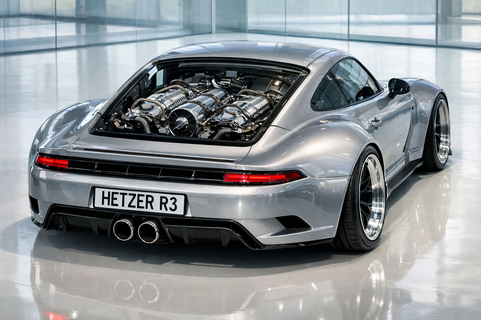 Carro esportivo prata com motor exposto na traseira e placa HETZER R3 em ambiente interno brilhante.
