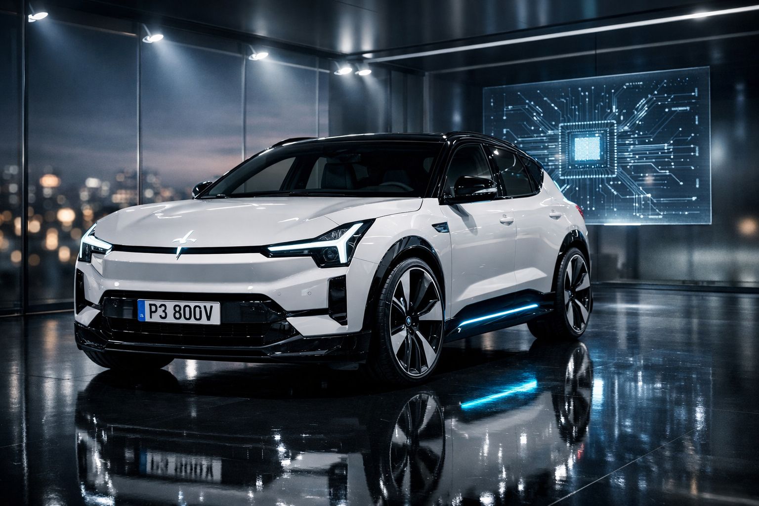 Carro elétrico branco e preto Polestar 2 em ambiente tecnológico com painel digital ao fundo.