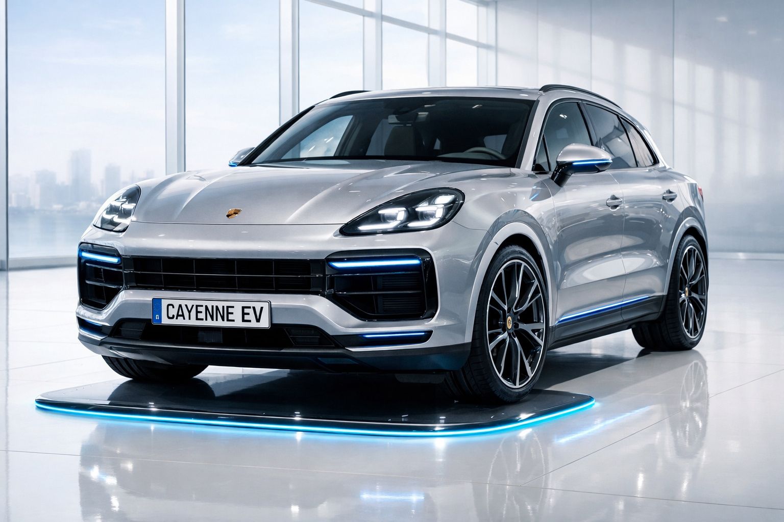 Carro elétrico Porsche Cayenne EV prata exibido em plataforma com iluminação azul em ambiente moderno.