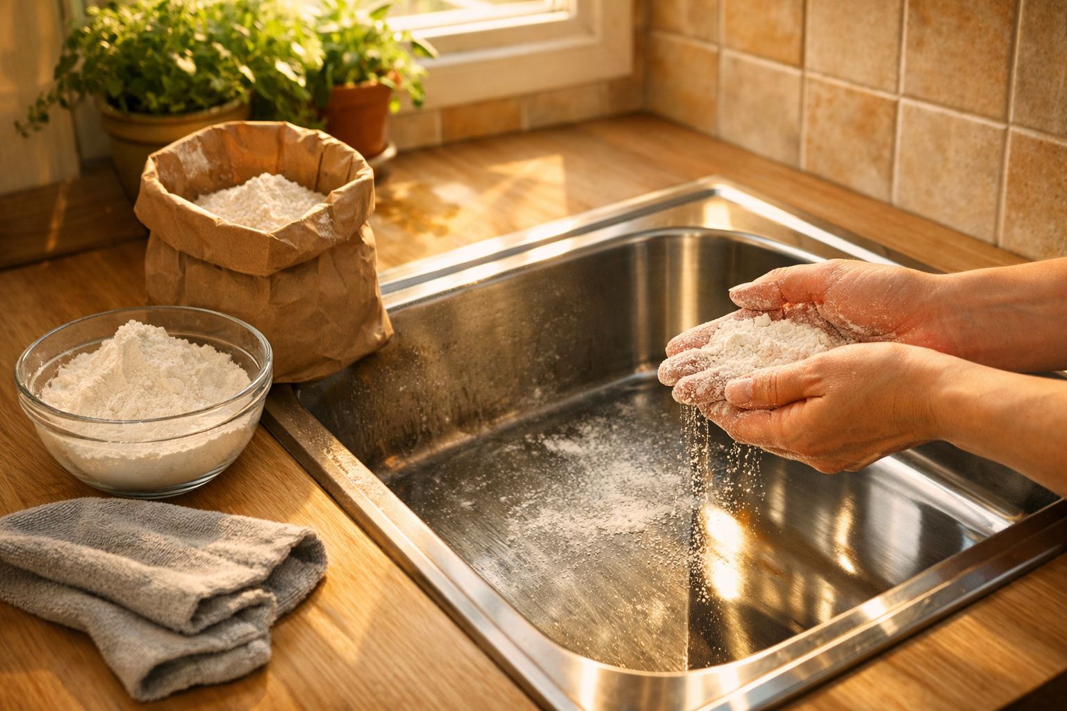 Mãos segurando farinha sobre pia de cozinha com saco e tigela de farinha ao lado em bancada de madeira.