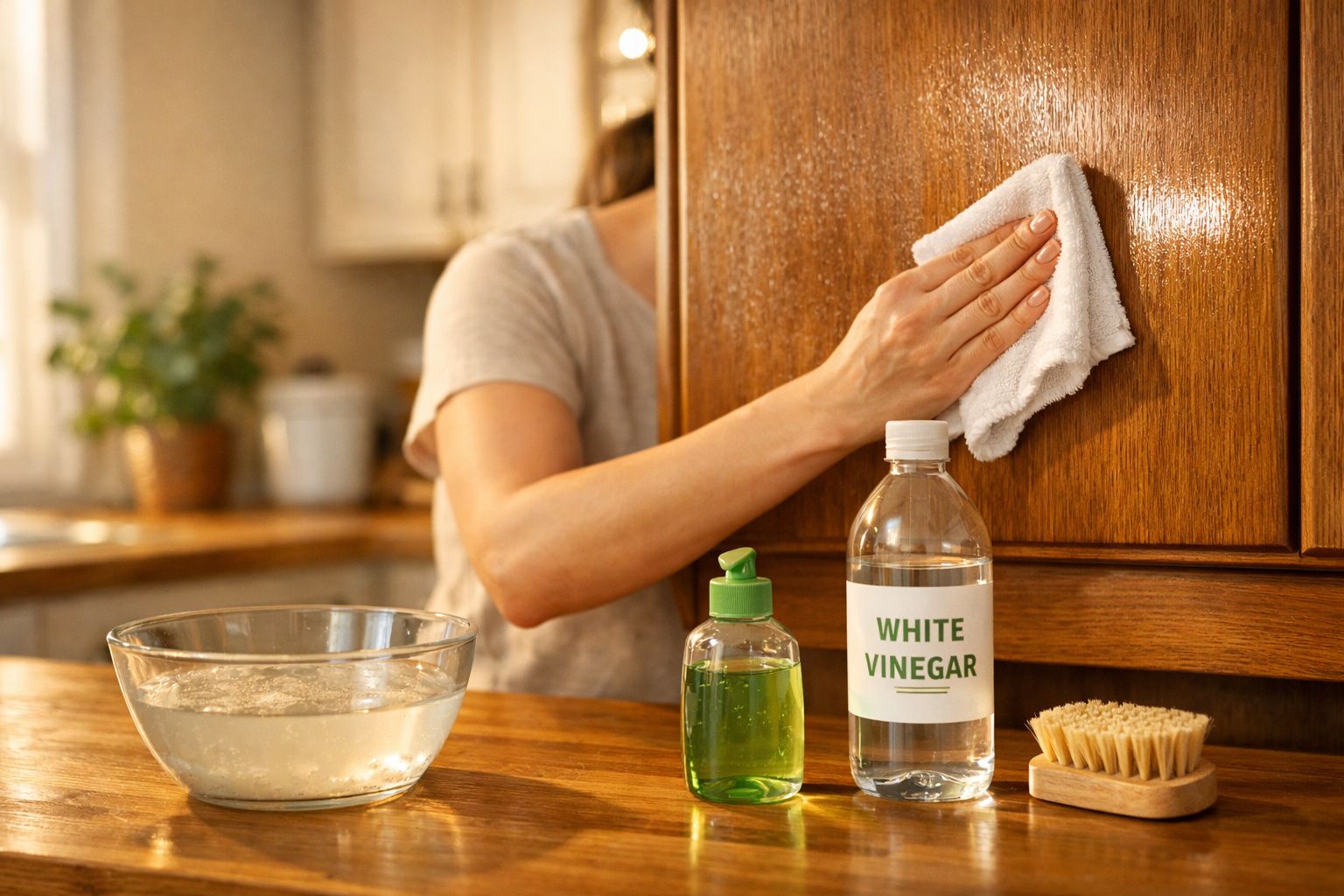 Pessoa limpando armário de madeira com pano branco, ao lado de vinagre branco, detergente e escova.