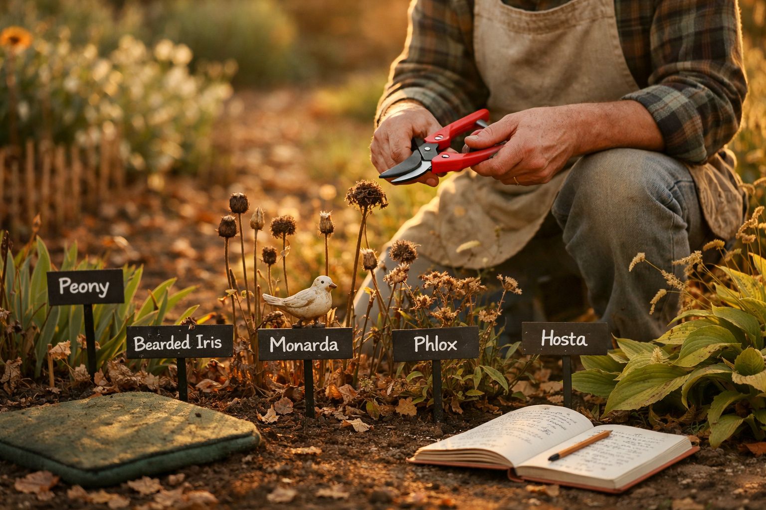 Pessoa podando flores secas em jardim com plaquinhas identificando plantas e caderno aberto ao lado.