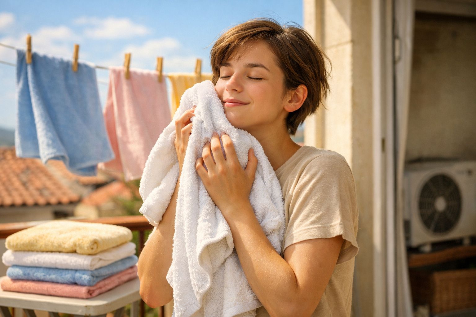 Jovem sorrindo e cheirando toalha branca limpa em varal ao ar livre com outras toalhas coloridas.