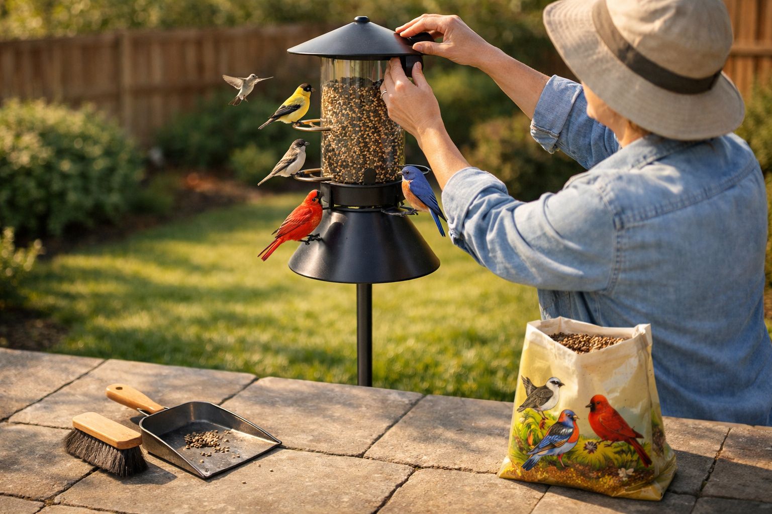 Pessoa vestindo chapéu abastece comedouro para pássaros no jardim, while cinco pássaros coloridos se alimentam.