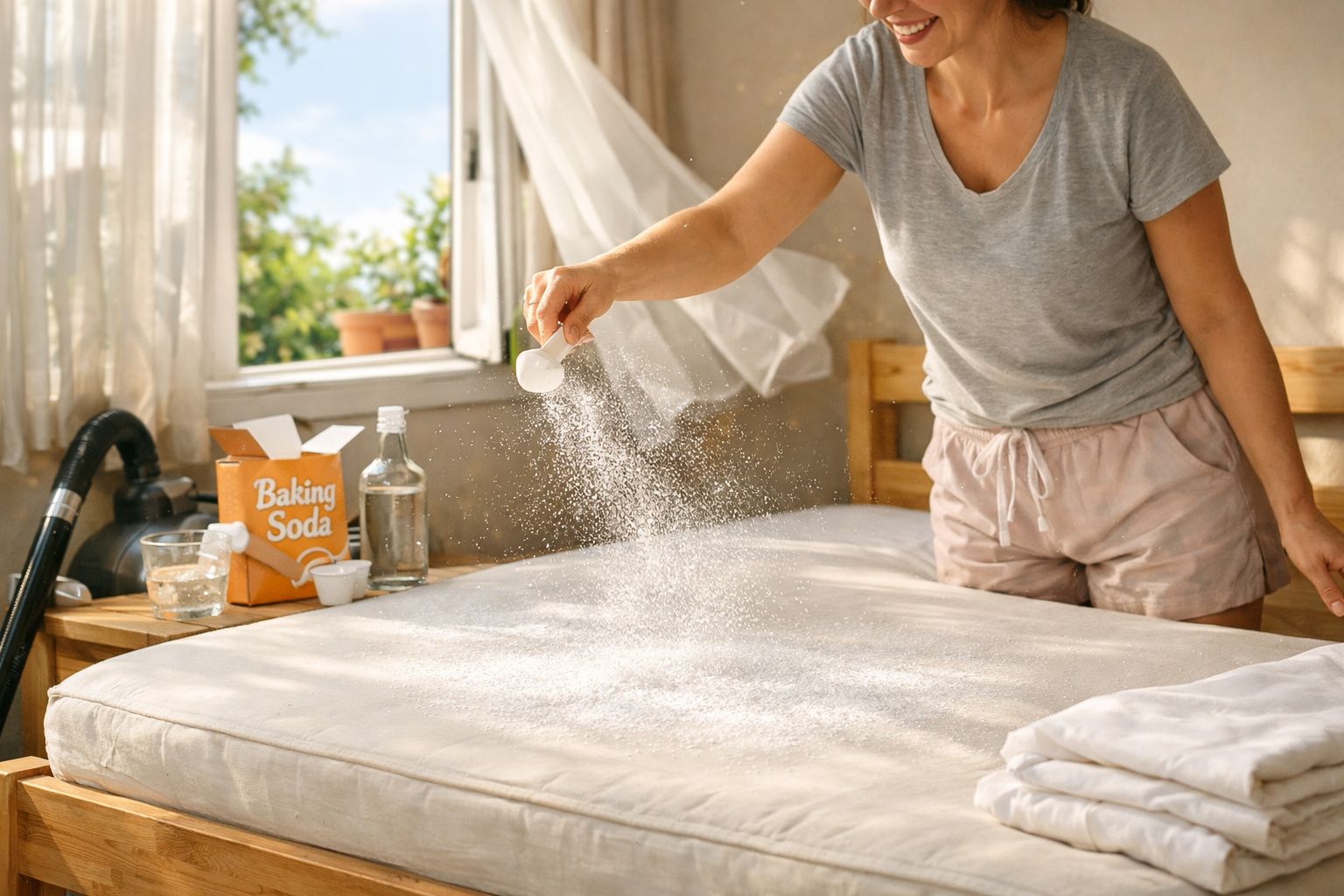 Pessoa aplicando bicarbonato de sódio em colchão para limpeza em quarto iluminado por luz natural.