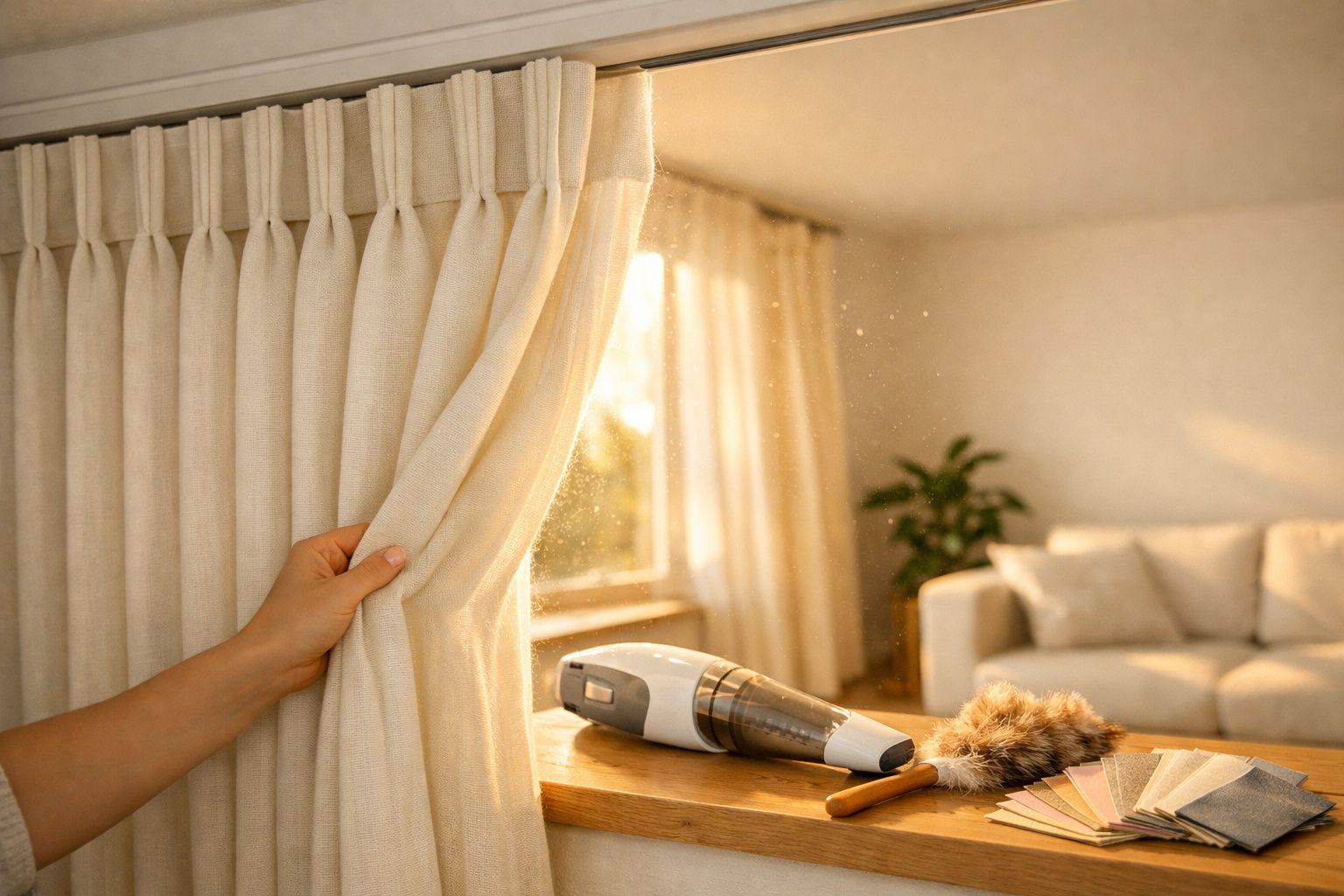 Mão abrindo cortina bege com luz do sol entrando em sala com aspirador e espanador sobre mesa de madeira.
