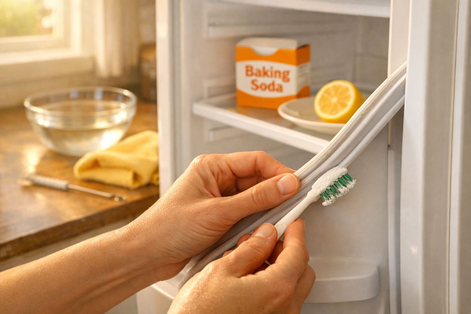 Mãos limpando a borracha da porta da geladeira com escova e bicarbonato de sódio ao fundo.