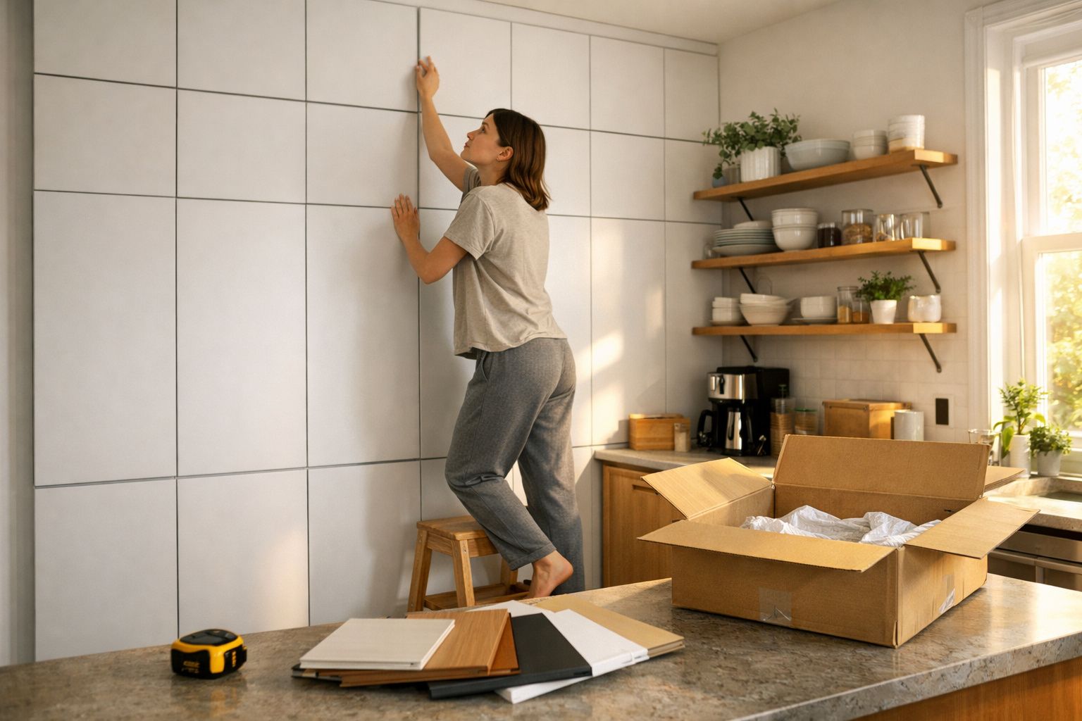 Mulher decorando parede da cozinha com placa de azulejo, ao lado de caixa aberta e prateleiras com utensílios.