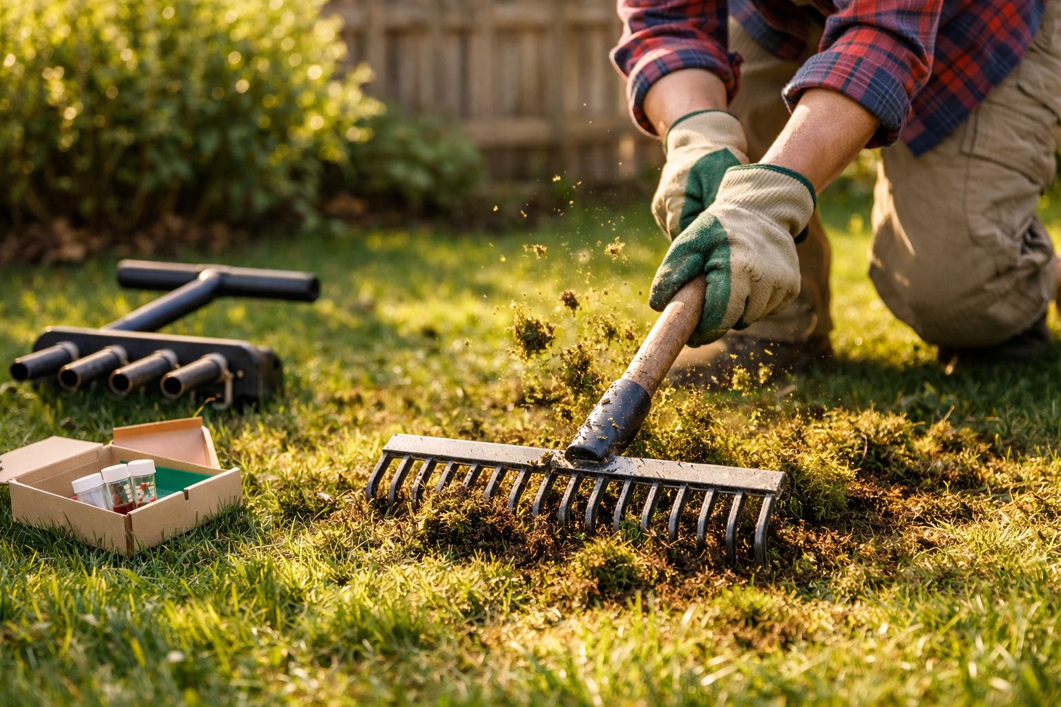 Pessoa com luvas usando ancinho para arejar o solo do gramado em jardim ensolarado.