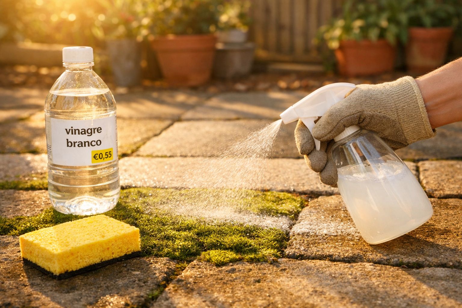 Pessoa borrifando vinagre branco sobre musgo em chão de pedra com esponja ao lado em ambiente externo.