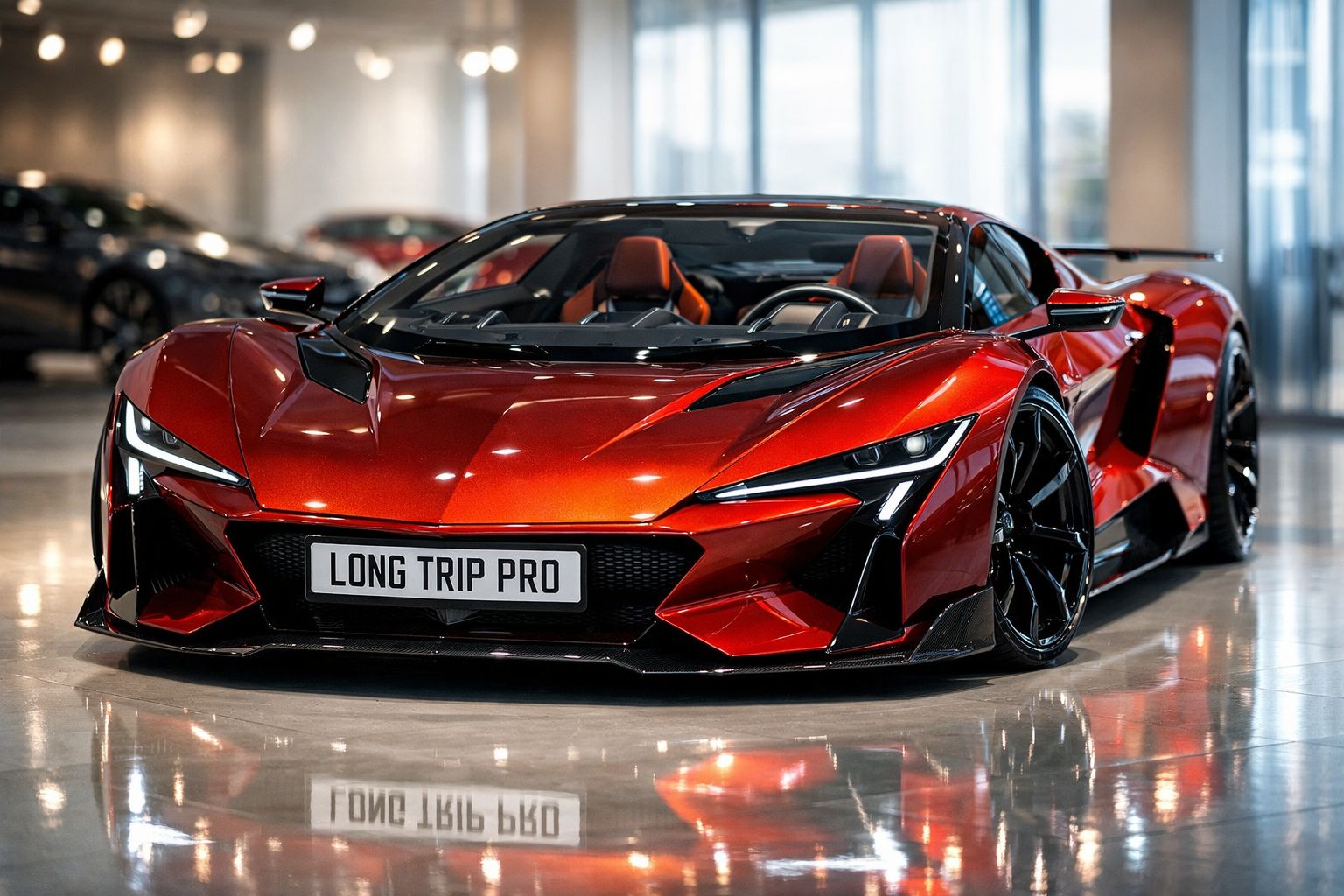 Carro esportivo vermelho metálico com design aerodinâmico exibido em ambiente interno moderno.