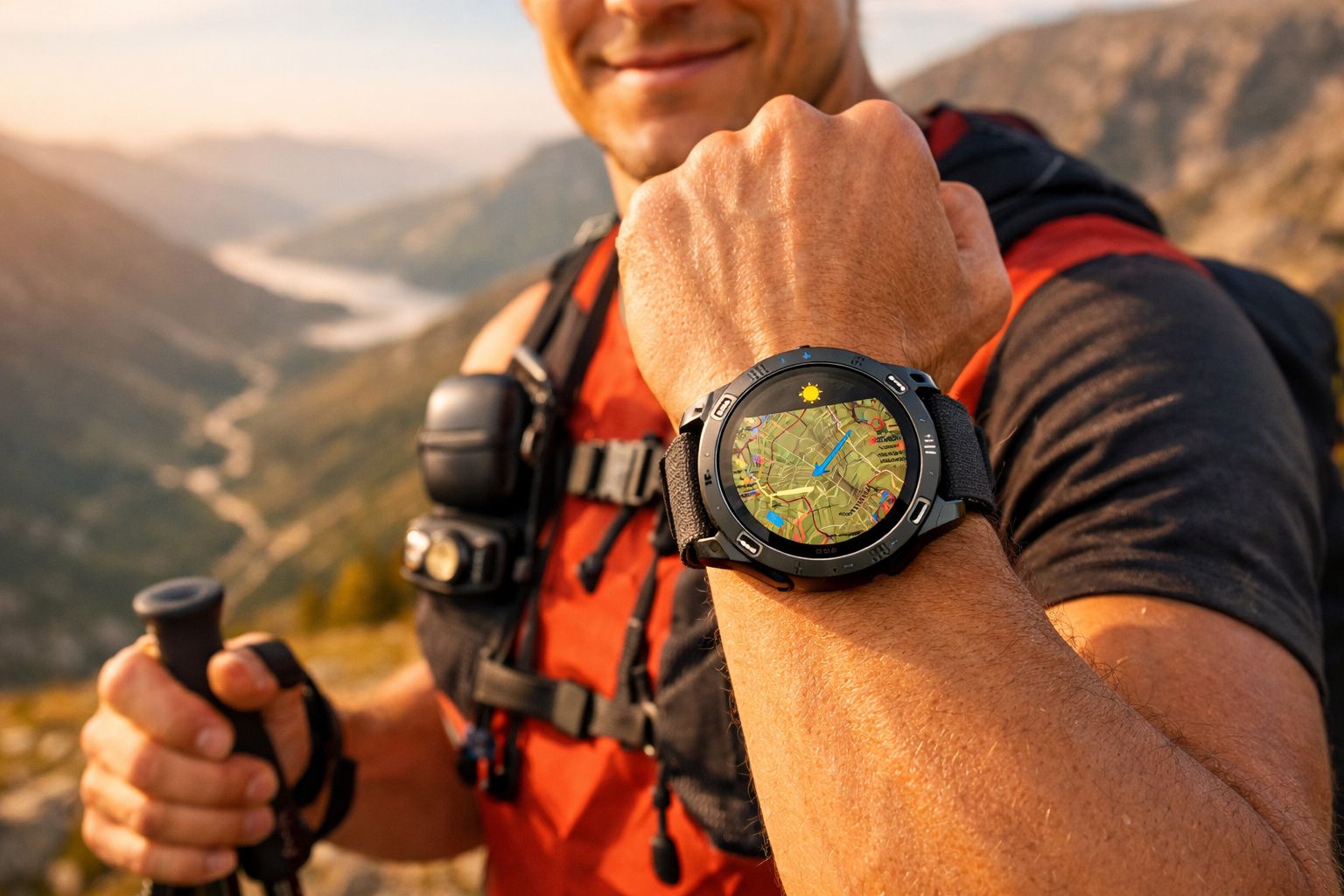Homem com mochila e bastão de caminhada mostrando relógio inteligente com mapa e bússola em trilha de montanha.