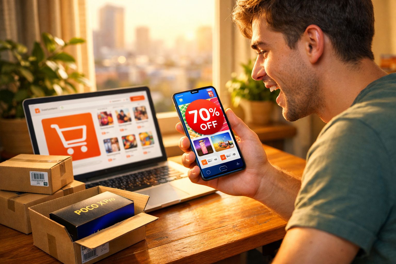 Homem sorridente fazendo compras online pelo celular com desconto de 70% e laptop aberto em mesa com caixas.