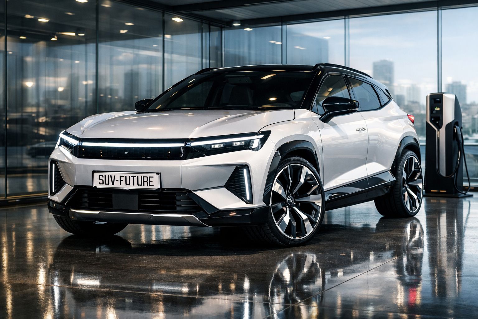 Carro elétrico SUV prata moderno com design futurista estacionado ao lado de um carregador.